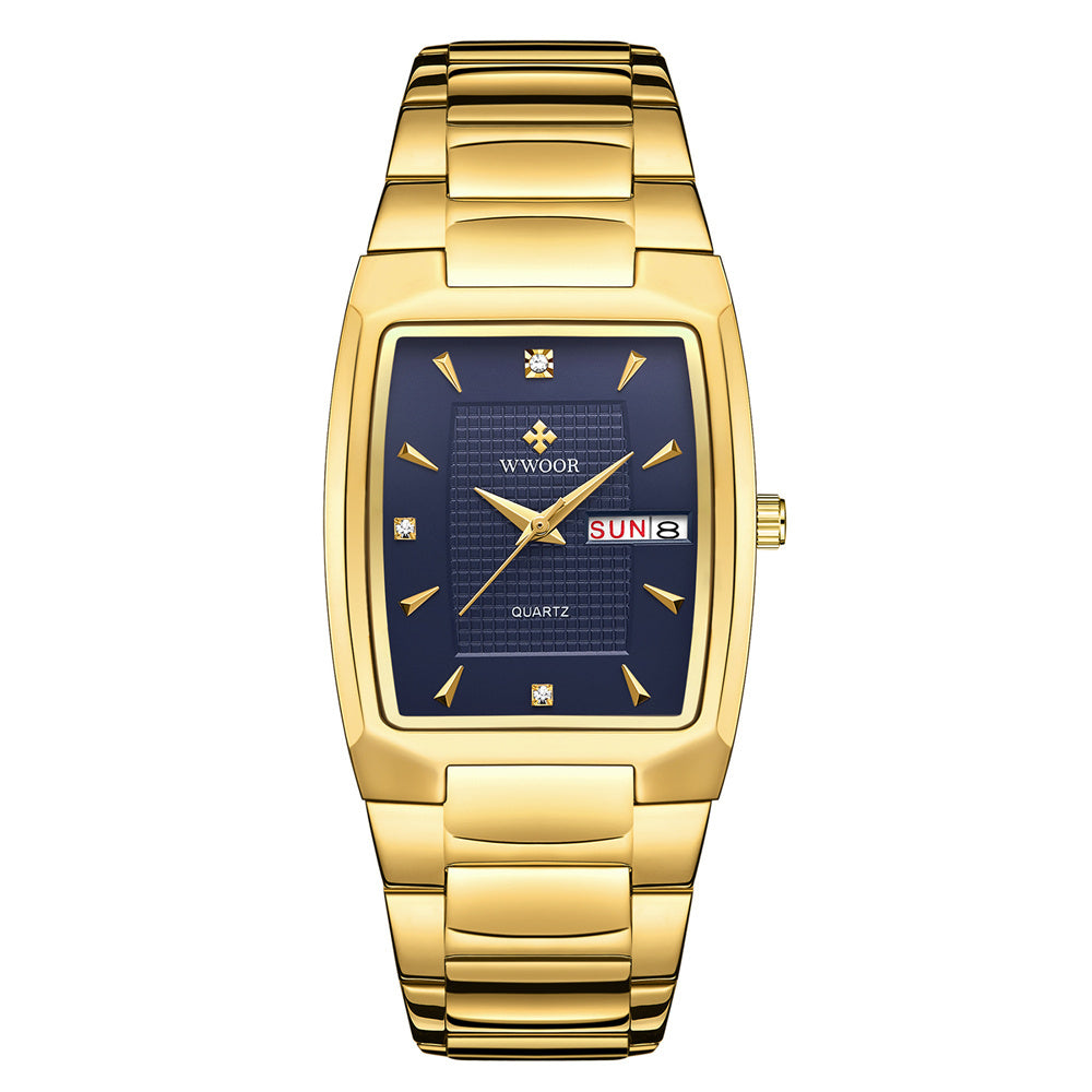 A gold-colored, square-shaped quartz watch with a stainless steel band and a blue dial.