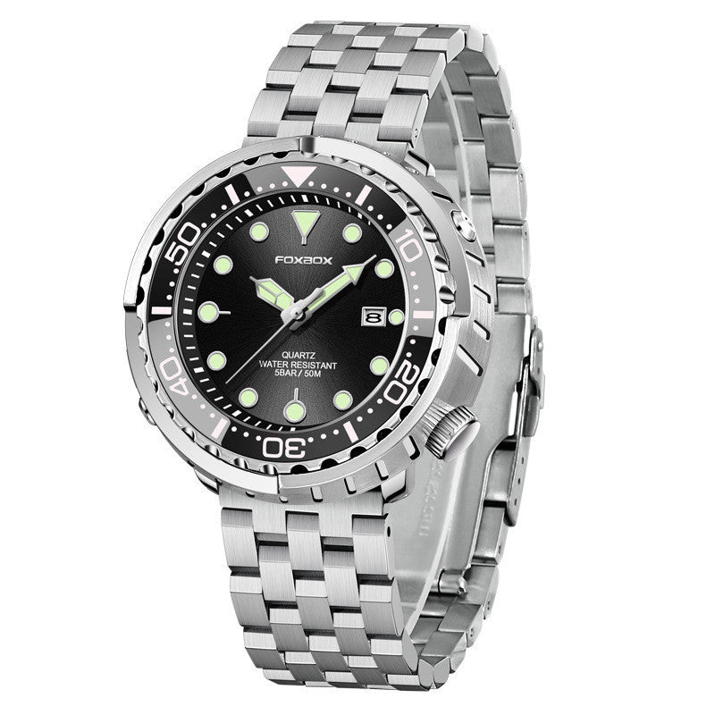 A silver-colored quartz watch with a blue luminous dial and calendar function, featuring a stainless steel bracelet.
