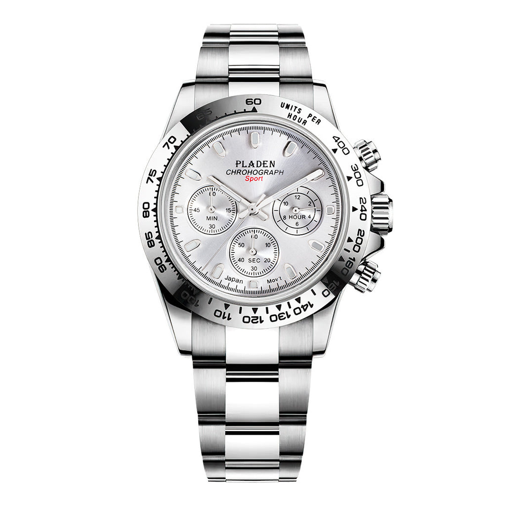 A men's quartz watch with a silver stainless steel band and a blue dial, featuring luminous hands and a calendar display.
