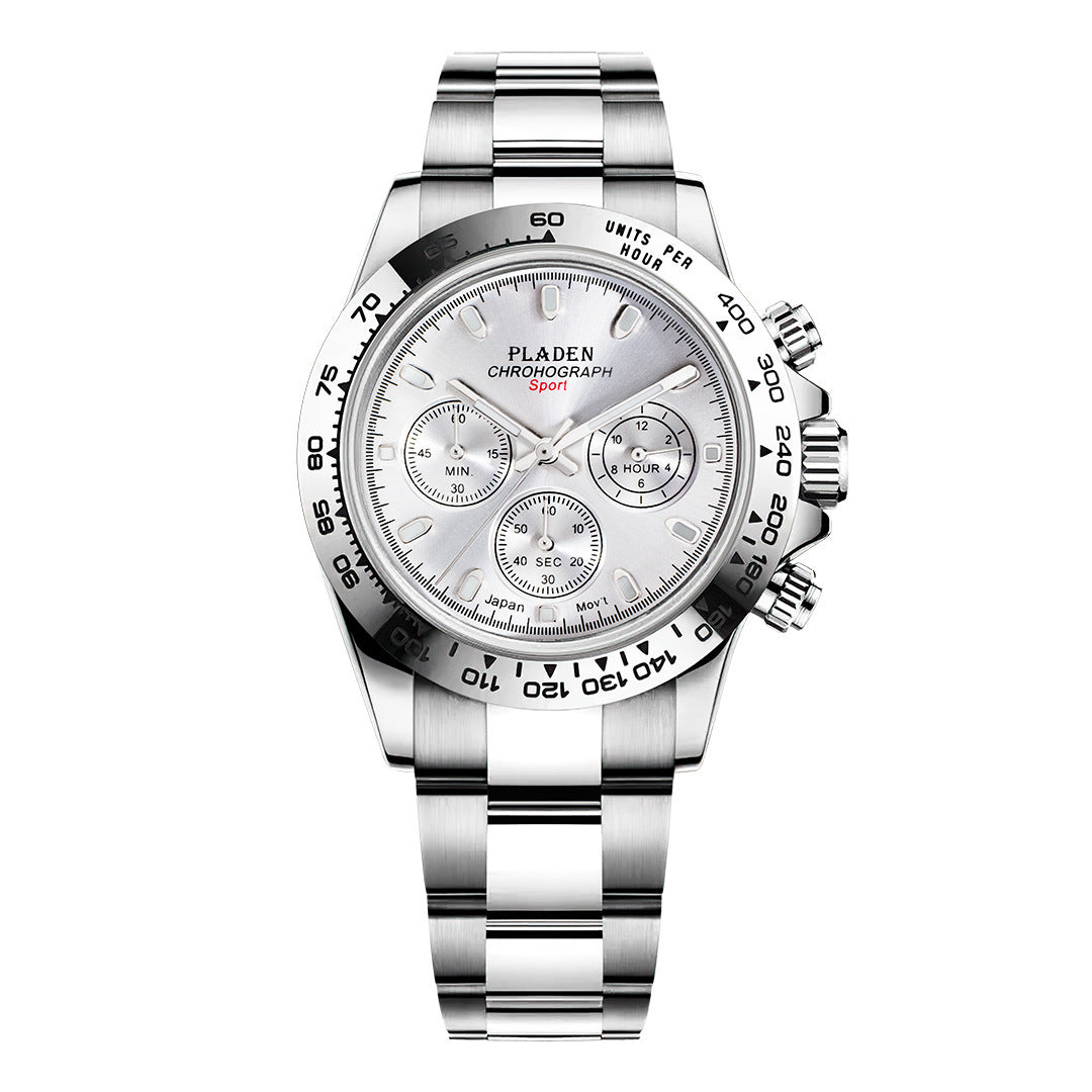A men's quartz watch with a silver stainless steel band and a blue dial, featuring luminous hands and a calendar display.