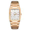 A gold-colored, square-shaped quartz watch with a stainless steel band and a blue dial.