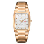 A gold-colored, square-shaped quartz watch with a stainless steel band and a blue dial.