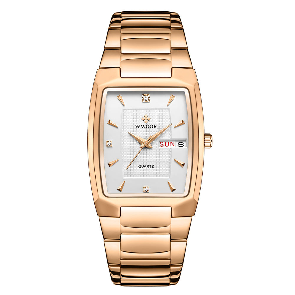 A gold-colored, square-shaped quartz watch with a stainless steel band and a blue dial.