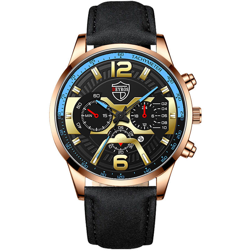 A black DEYROS branded analog quartz watch with a black band and a black dial with gold and silver accents, blue and red needles, and a date display.