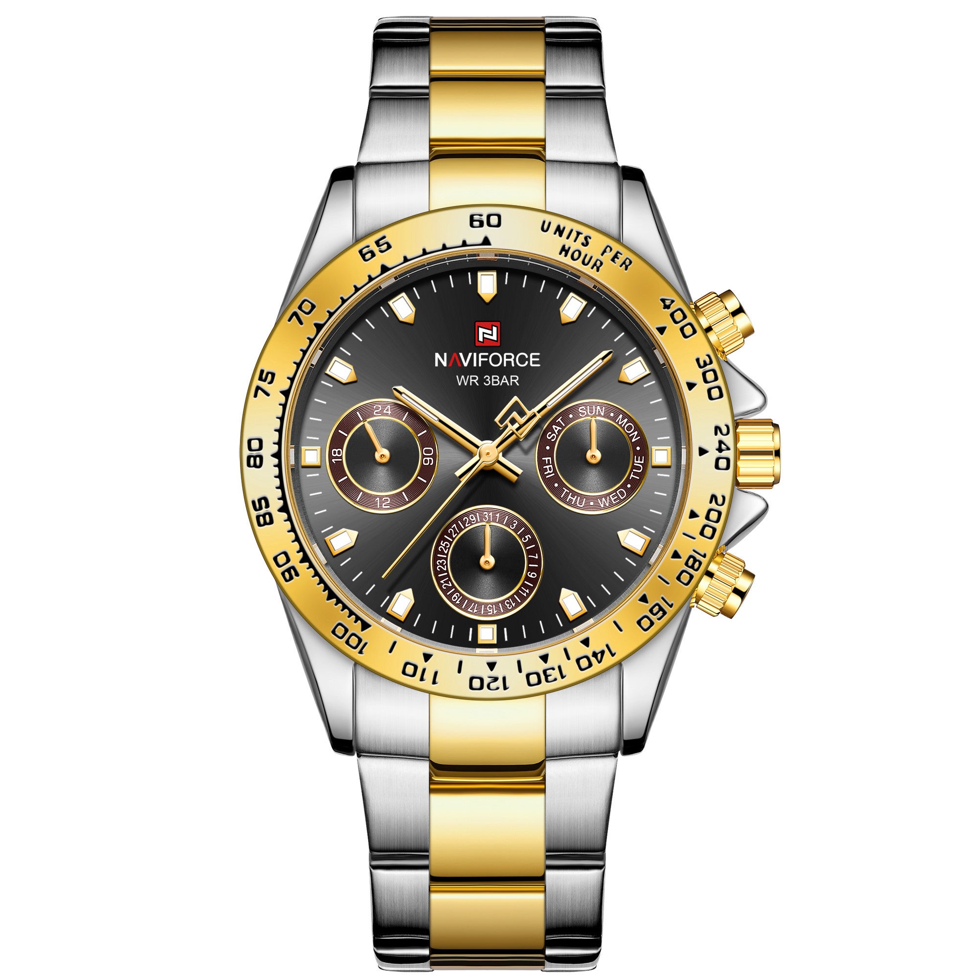 A silver-colored men's quartz watch with a business casual design, featuring a round dial and a steel band.