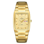 A gold-colored, square-shaped quartz watch with a stainless steel band and a blue dial.