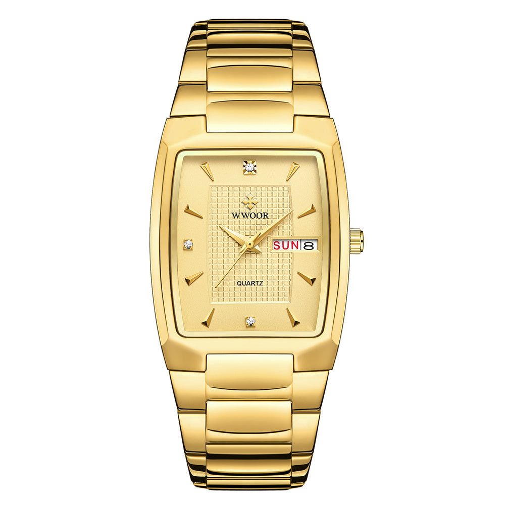 A gold-colored, square-shaped quartz watch with a stainless steel band and a blue dial.