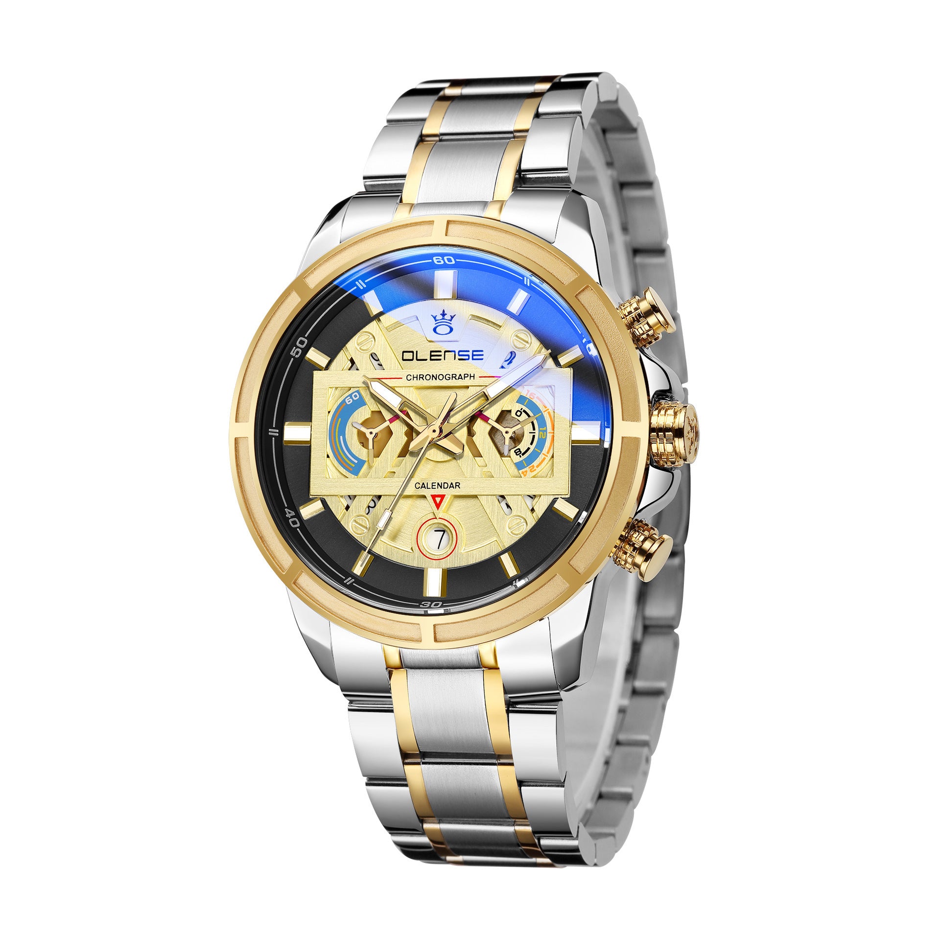 A black quartz watch with a stainless steel strap and a blue dial featuring a butterfly buckle.