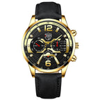 A black DEYROS branded analog quartz watch with a black band and a black dial with gold and silver accents, blue and red needles, and a date display.