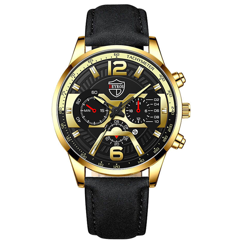 A black DEYROS branded analog quartz watch with a black band and a black dial with gold and silver accents, blue and red needles, and a date display.