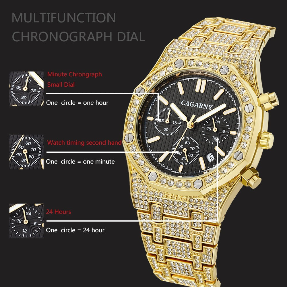 Gold wristwatch with detailed face and CAGARNY branding on a black background