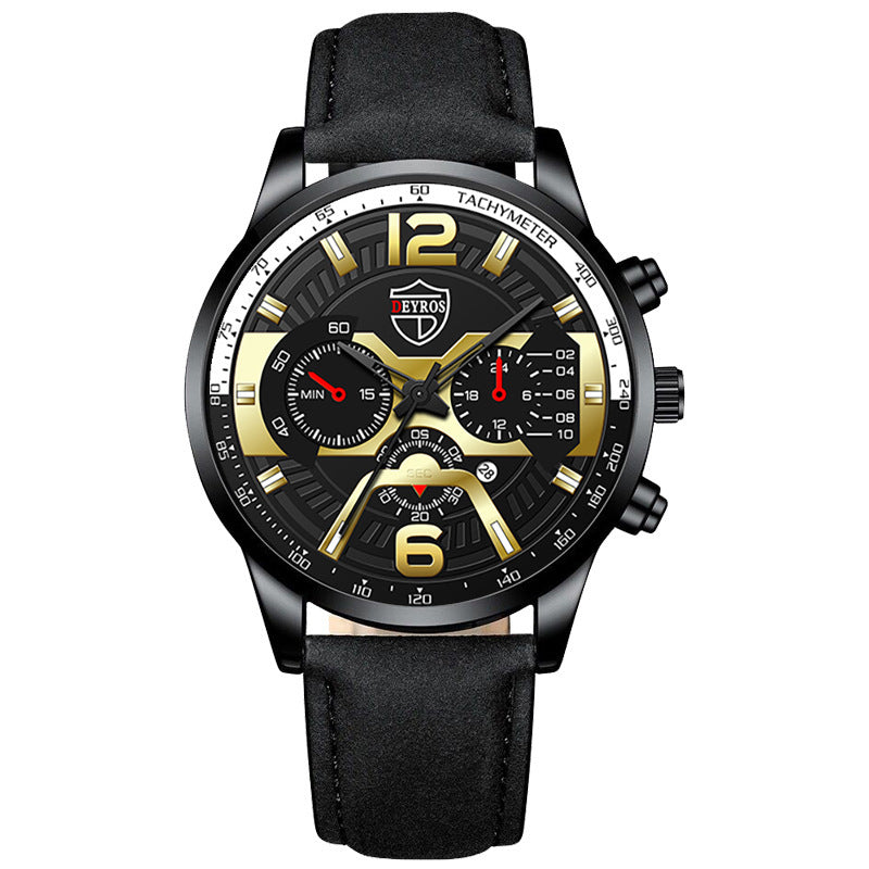 A black DEYROS branded analog quartz watch with a black band and a black dial with gold and silver accents, blue and red needles, and a date display.