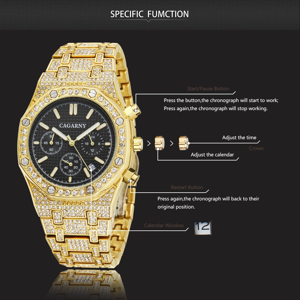 Gold wristwatch with detailed features and CAGARNY branding on a black background