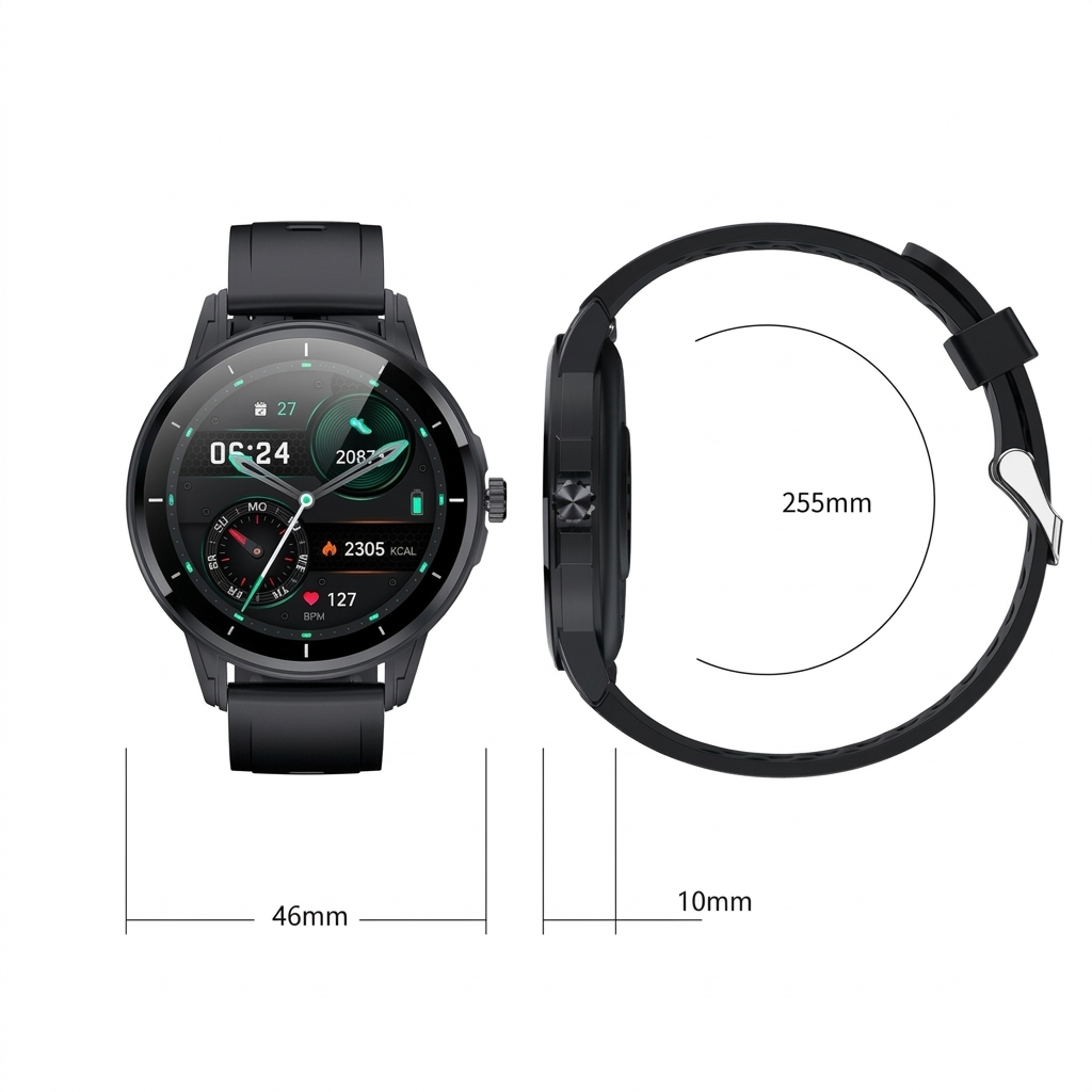 Smartwatch with black band and measurements on a white background