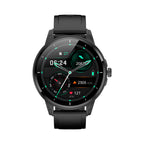 A digital smart watch with a black band and case, displaying a colorful digital screen showing heart rate, sleep, weather, and step count information.