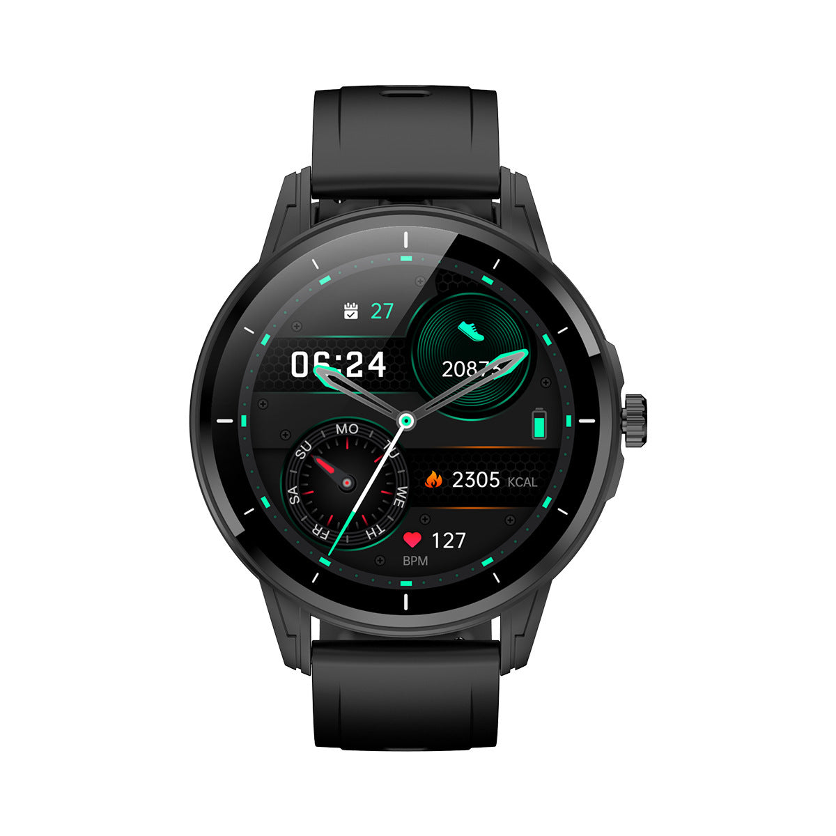 A digital smart watch with a black band and case, displaying a colorful digital screen showing heart rate, sleep, weather, and step count information.
