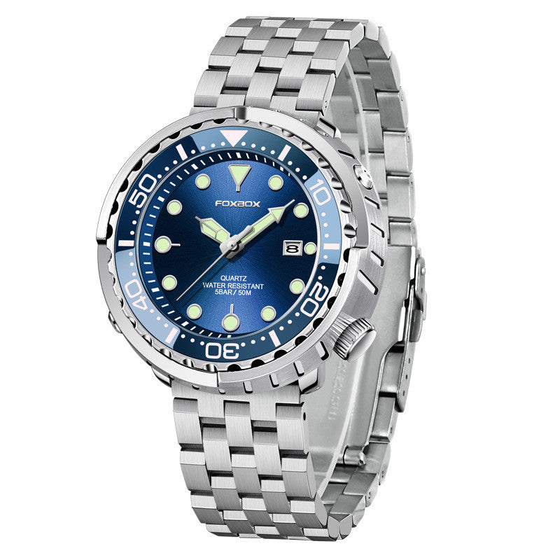 A silver-colored quartz watch with a blue luminous dial and calendar function, featuring a stainless steel bracelet.