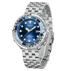 A silver-colored quartz watch with a blue luminous dial and calendar function, featuring a stainless steel bracelet.