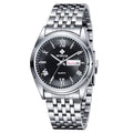 A steel band quartz men's watch with a blue dial, luminous hands, and a date display.