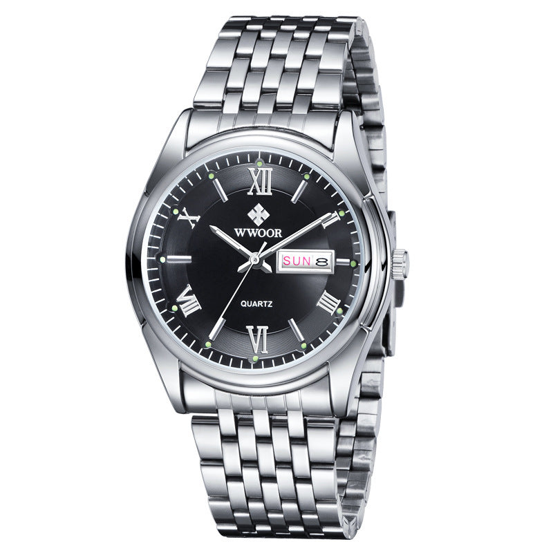 A steel band quartz men's watch with a blue dial, luminous hands, and a date display.