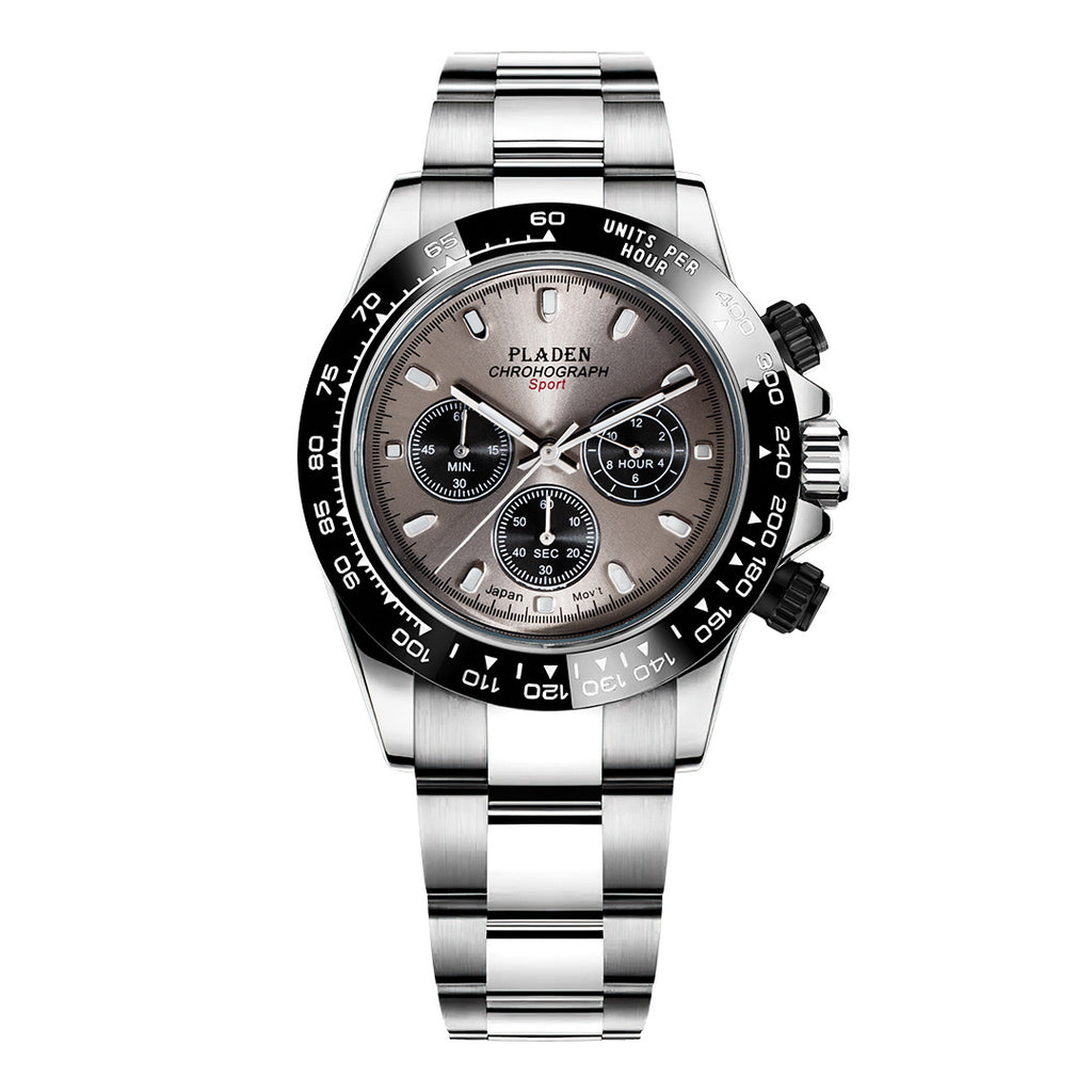A men's quartz watch with a silver stainless steel band and a blue dial, featuring luminous hands and a calendar display.