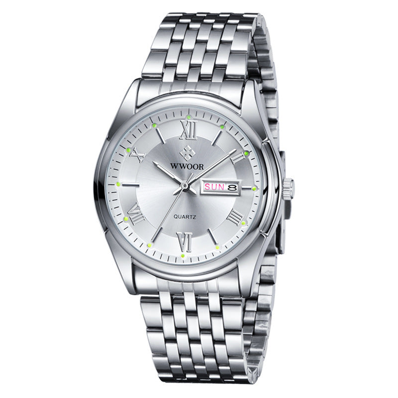 A steel band quartz men's watch with a blue dial, luminous hands, and a date display.