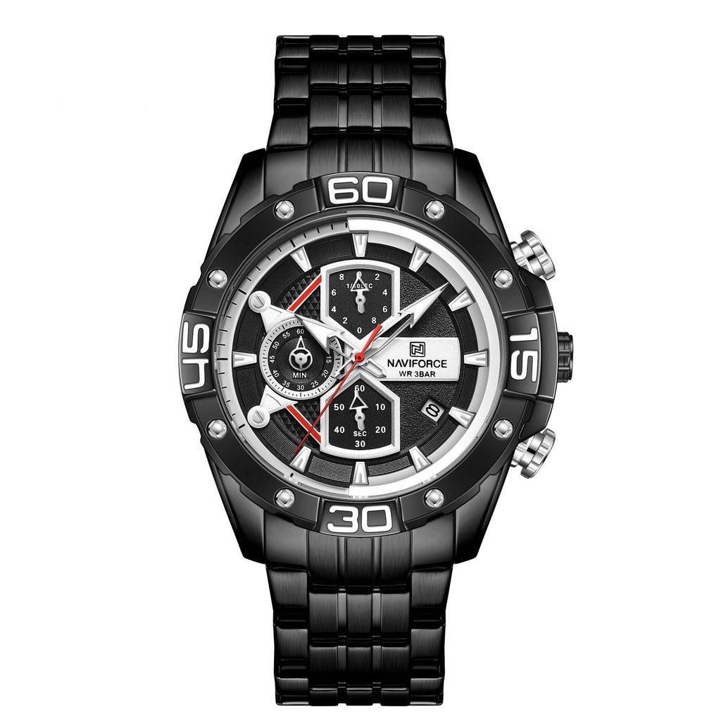 A black and silver analog watch with a round dial and alloy bracelet.