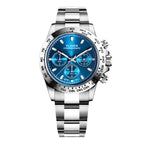 A men's quartz watch with a silver stainless steel band and a blue dial, featuring luminous hands and a calendar display.