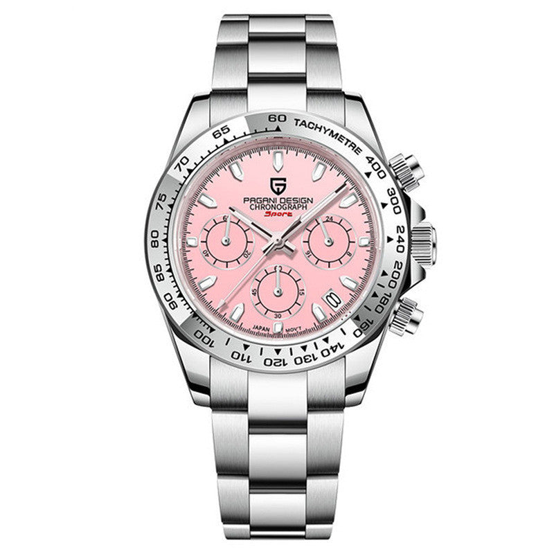 A men's quartz watch with a green dial, stainless steel bracelet, and luminous hands.