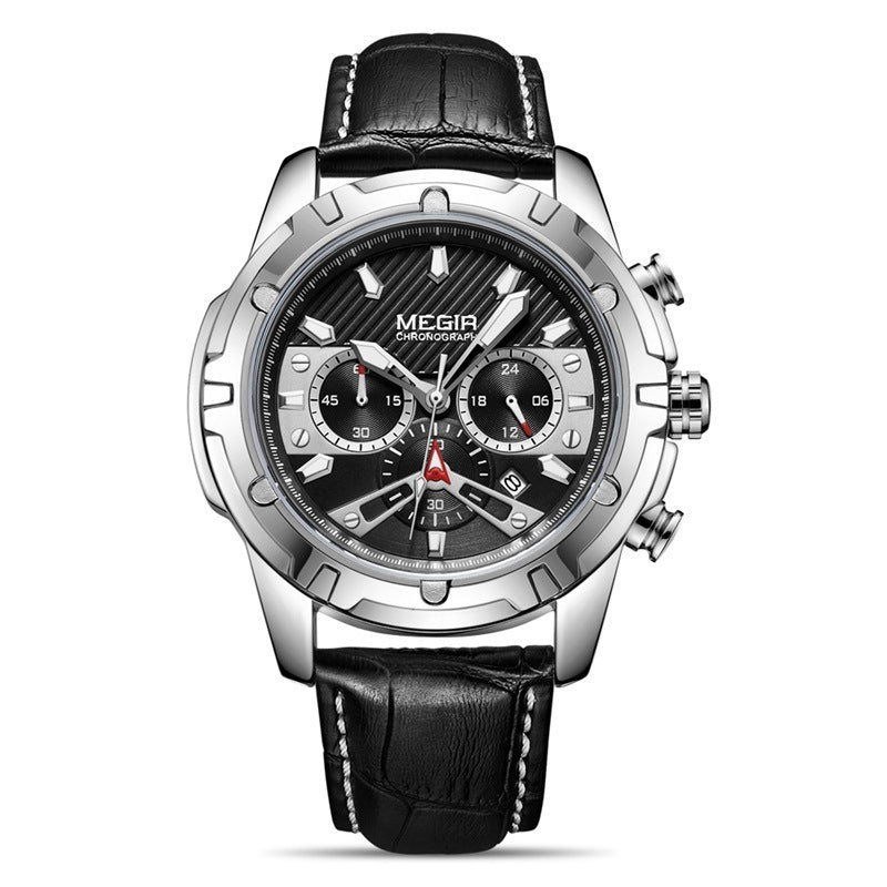 A black multifunctional chronograph watch with a luminous dial, leather strap, and quartz movement.
