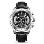 A black multifunctional chronograph watch with a luminous dial, leather strap, and quartz movement.