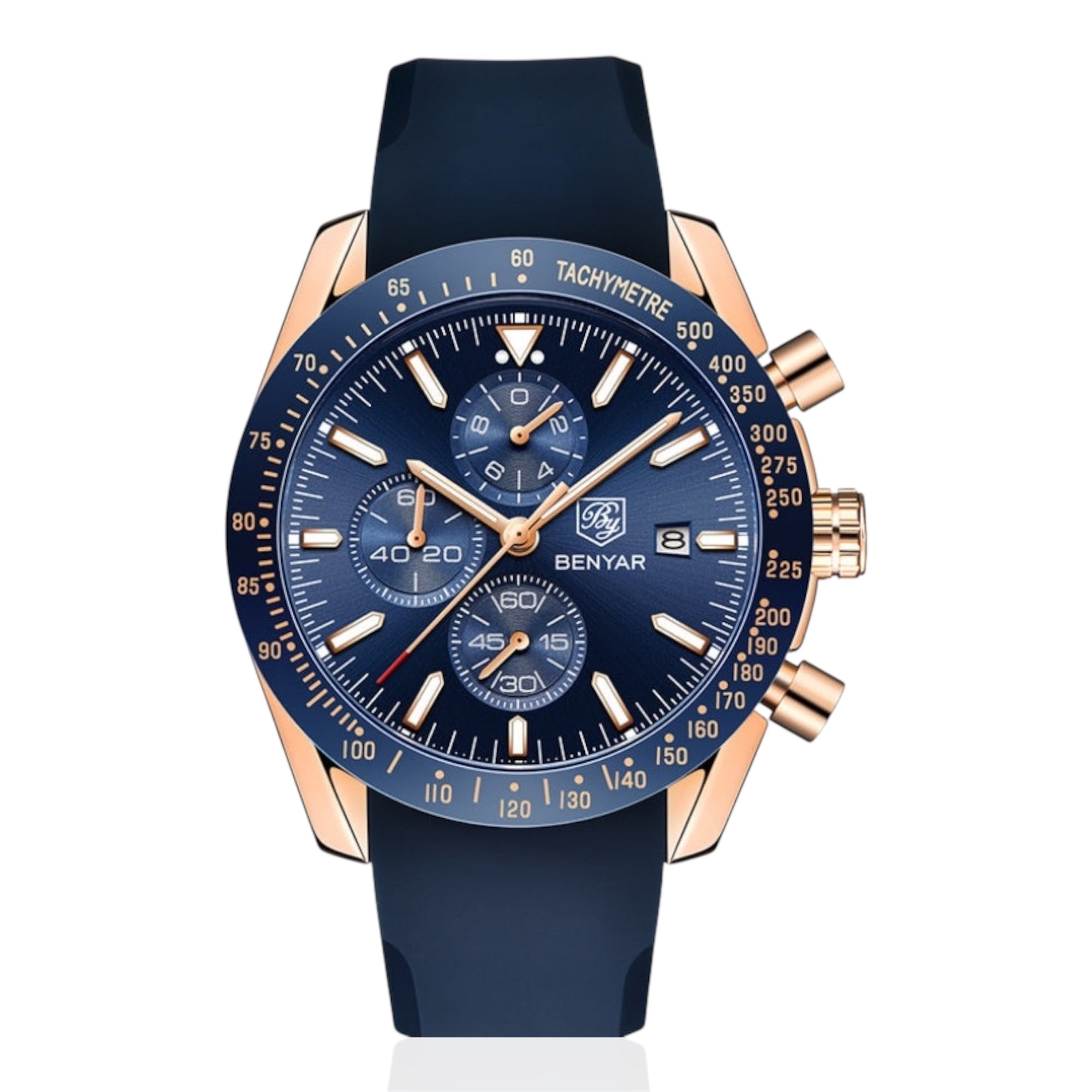 Blue watch with rose gold accents on a white background