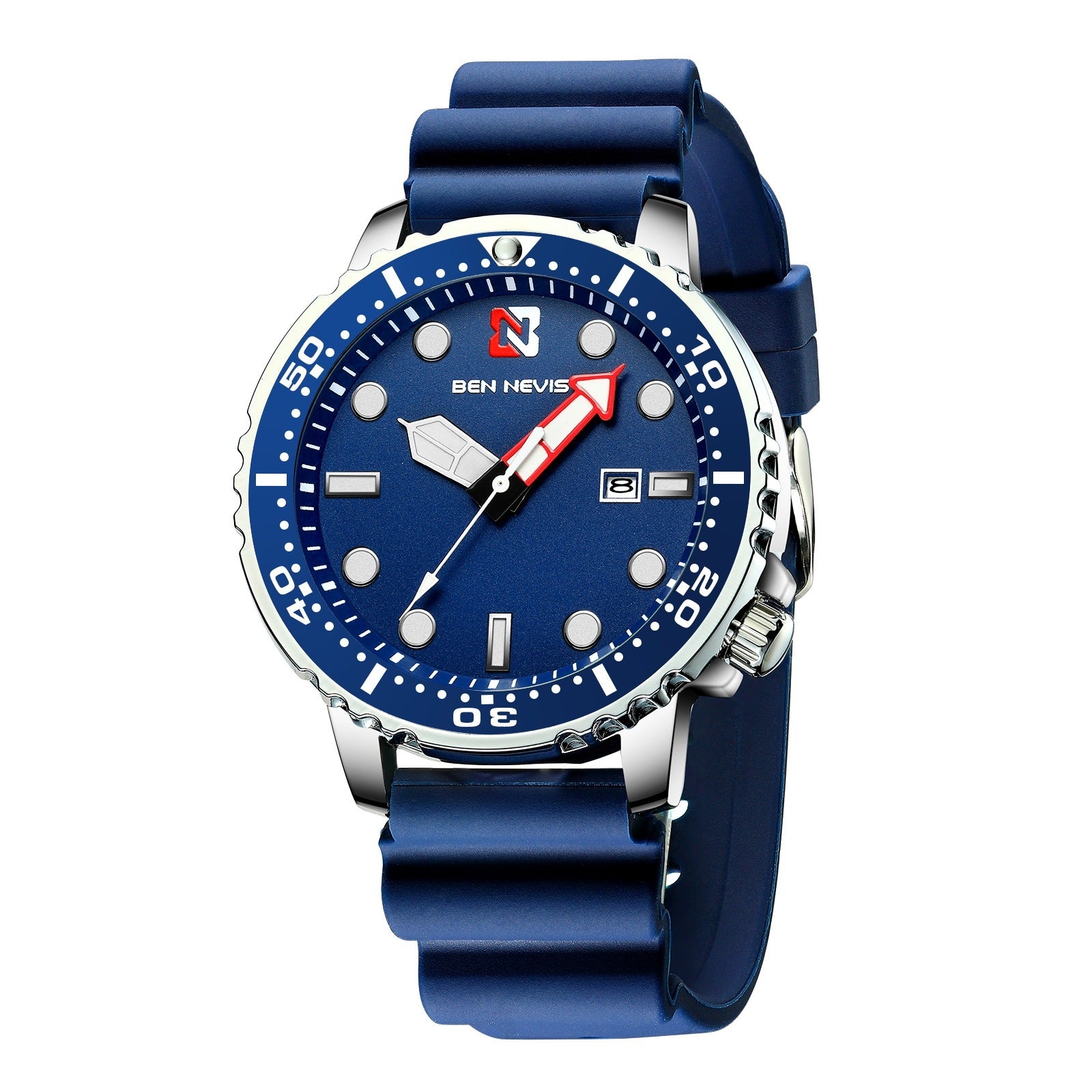 A blue men's analog watch with a silicone band and a dial featuring a red hand, hour markers, and a date display.