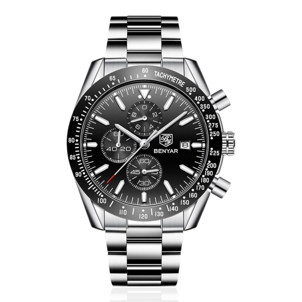 Silver wristwatch with a black dial on a white background