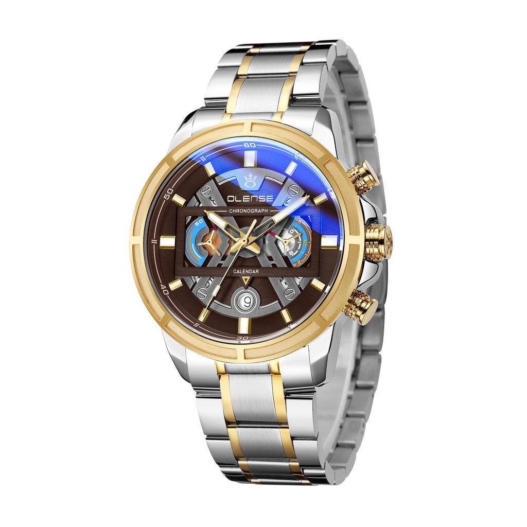 A black quartz watch with a stainless steel strap and a blue dial featuring a butterfly buckle.