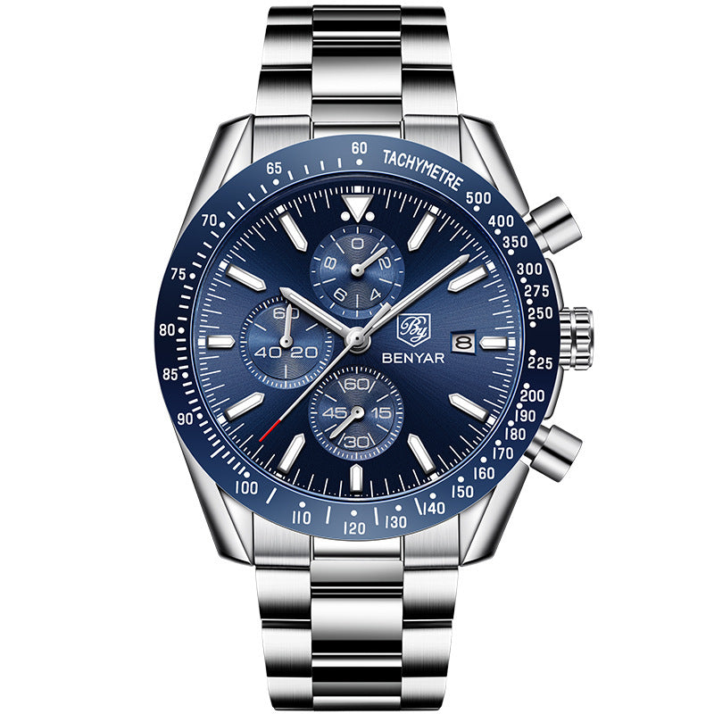A men's quartz watch with a blue strap and rose gold case, featuring a blue dial with multiple subdials and a tachymeter.