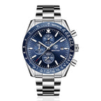 Blue and silver watch with detailed face on a white background