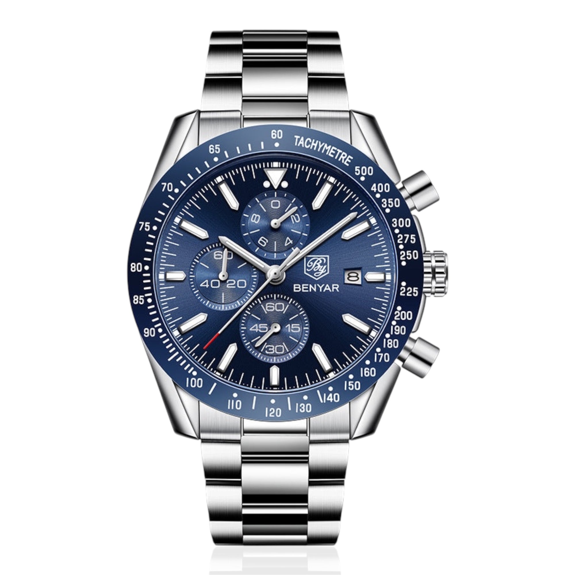 Blue and silver watch with detailed face on a white background