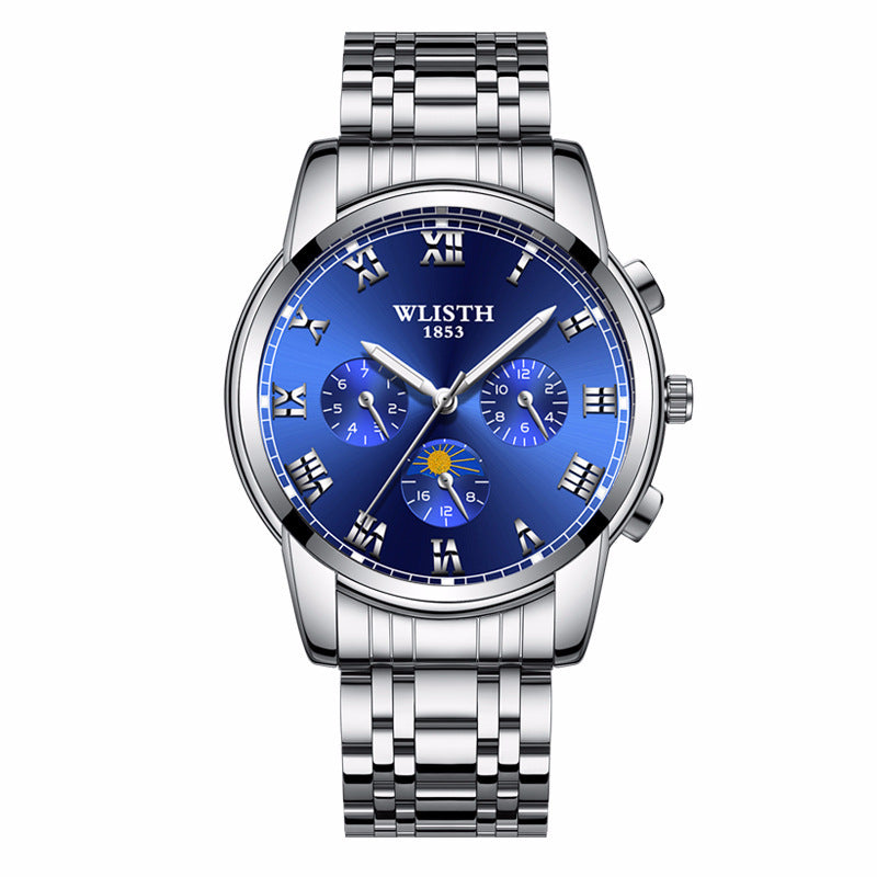 A silver stainless steel watch with a green dial, Roman numerals, and a pin buckle.