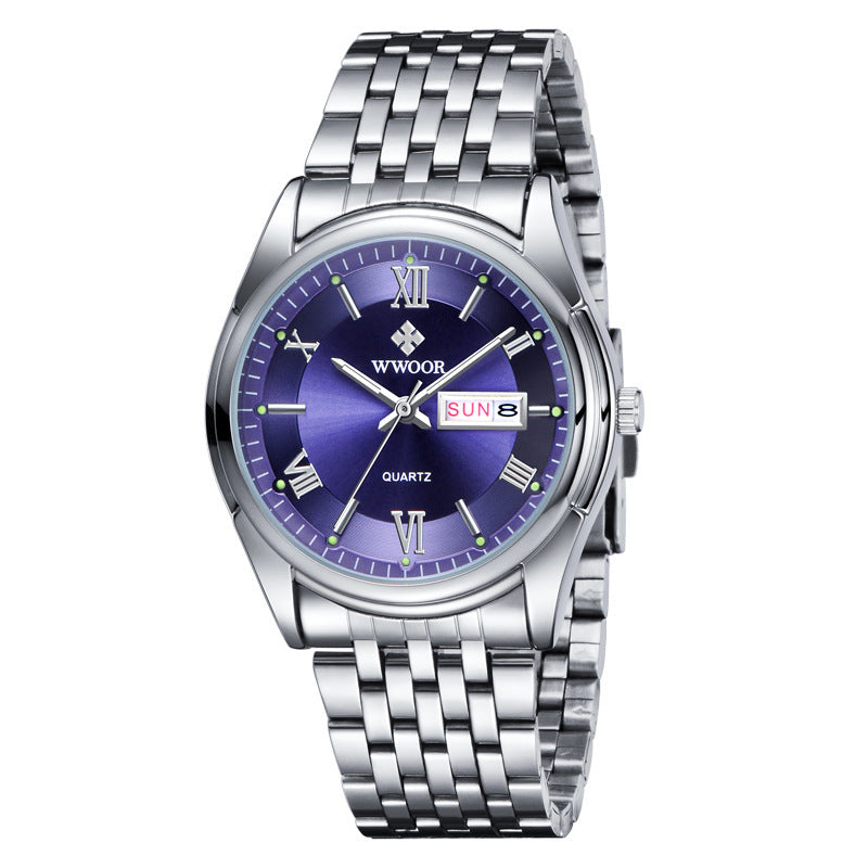 A steel band quartz men's watch with a blue dial, luminous hands, and a date display.