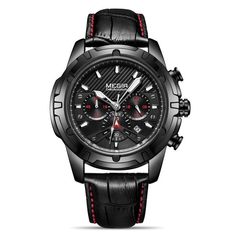 A black multifunctional chronograph watch with a luminous dial, leather strap, and quartz movement.