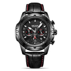 A black multifunctional chronograph watch with a luminous dial, leather strap, and quartz movement.