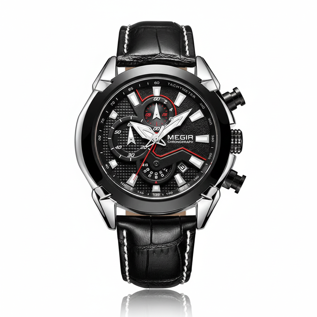 Black wristwatch with detailed face and leather strap on a white background