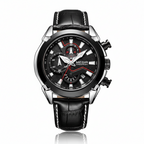 Black wristwatch with detailed face and leather strap on a white background