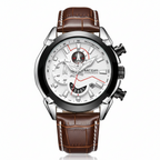 Wristwatch with brown leather strap and white face on a white background