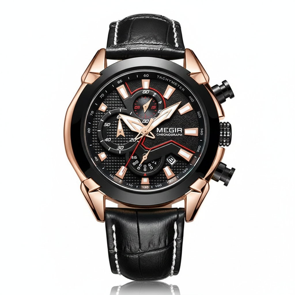 Black and rose gold watch with detailed face on a white background