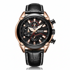Black and rose gold watch with detailed face on a white background