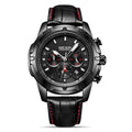 A black multifunctional chronograph watch with a luminous dial, leather strap, and quartz movement.