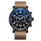A men's watch with a blue leather strap and a round blue dial featuring multifunctional quartz indicators.