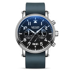 A men's watch with a blue leather strap and a round blue dial featuring multifunctional quartz indicators.